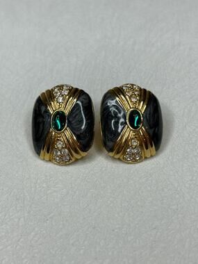 Vintage KJL for Avon Green Cabochon Enamel Pierced Post Earrings